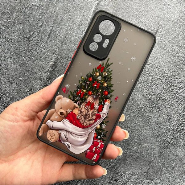 Чохол для Xiaomi 12 Lite захистом камери новорічна дівчина з плюшевим ведмедем і ялинкою
