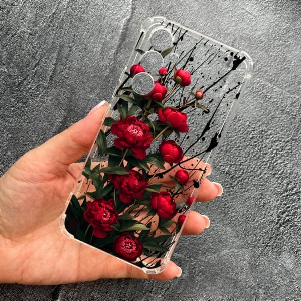 Чехол для Samsung Galaxy S25FE с защитой камеры с цветами красные пионы маленькие противоударный прозрачный силиконовый чехол