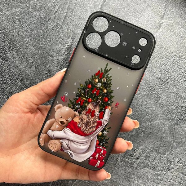 Чехол для iPhone 17 Pro Max с защитой камеры новогодняя девушка с плюшевым медведем и елкой