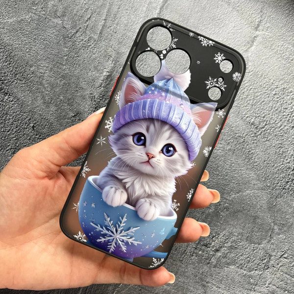 Чехол для iPhone 17 Pro Max с защитой камеры новогодний котенок в чашке