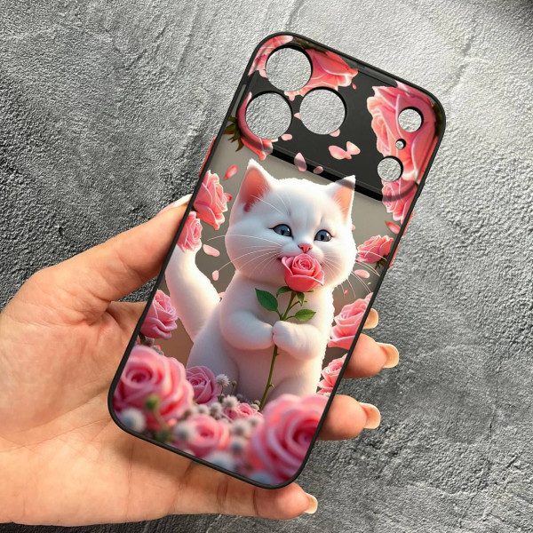 Чехол для iPhone 17 Pro Max с защитой камеры с котом в цветах розах