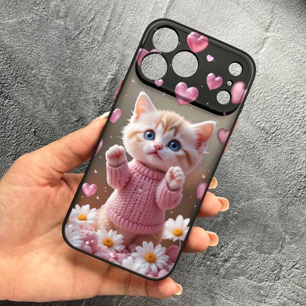 Чехол для iPhone 17 Pro Max с защитой камеры с котом в цветах ромашки