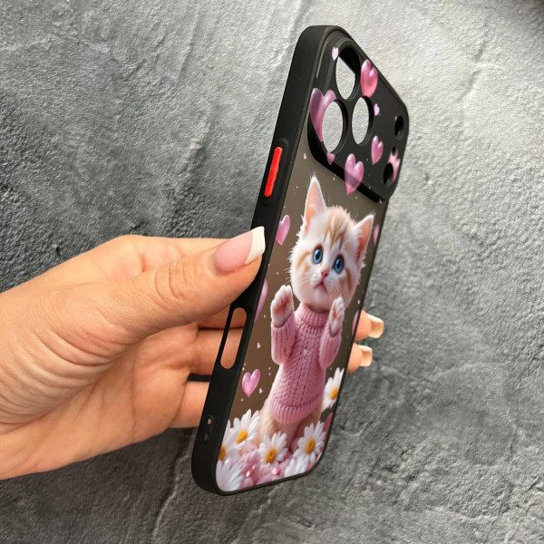 Чехол для iPhone 17 Pro Max с защитой камеры с котом в цветах ромашки