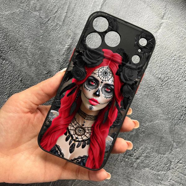 Чехол для iPhone 17 Pro Max с защитой камеры девушка Санта-Муэрте в розах