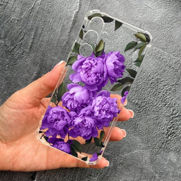 Чохол для Samsung Galaxy A17 з захистом камери з квітами лавандові півонії протиударний прозорий силіконовий чохол