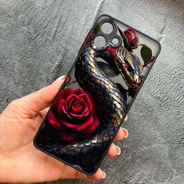 Чохол для Samsung Galaxy A07 з захистом камери зі змією з квітами червоними з покриттям лаку