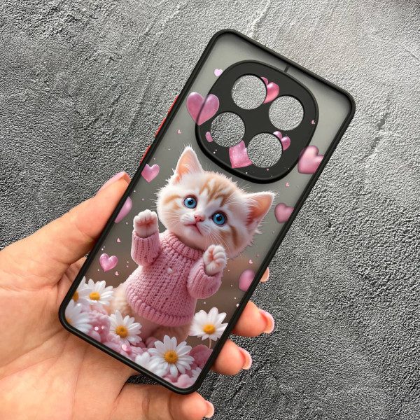 Чехол для Xiaomi Redmi Note 15 4G/5G с защитой камеры с котом в цветах ромашки