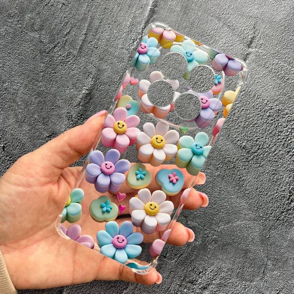 Чехол для Xiaomi Redmi Note 15 Pro Plus 5G с защитой камеры детский с цветами и смайликами противоударный прозрачный силиконовый чехол