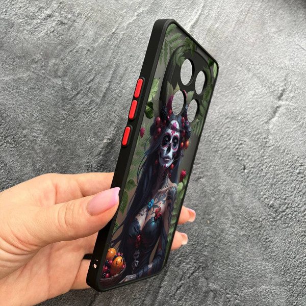 Чехол для Xiaomi Redmi Note 15 Pro 4G с защитой камеры девушка Санта-Муэрте и листьями