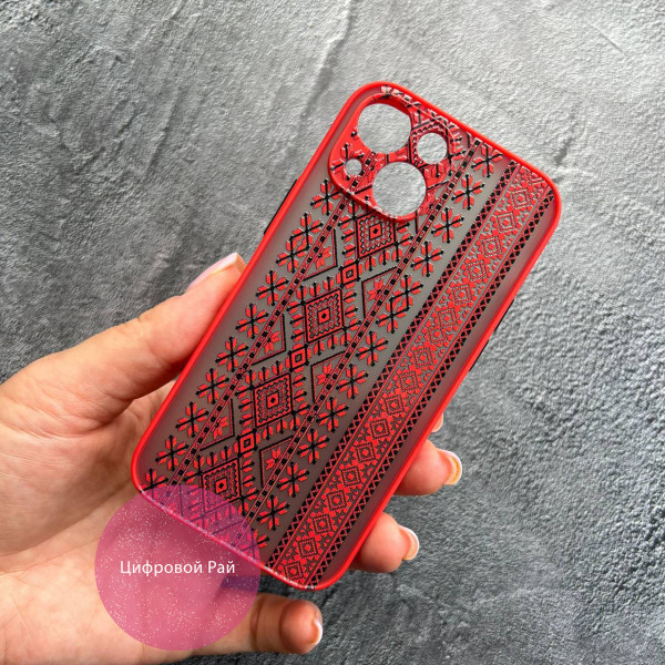 Чохол для iPhone 13 Mini вишиванка червона українська з червоним бортиком