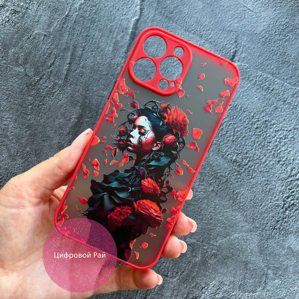 Чохол для IPhone 13 Pro Max дівчина у пелюстках з червоним бортиком