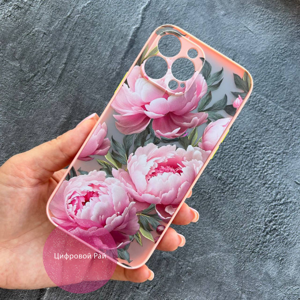 Чохол для IPhone 13 Pro Max півонії крупні з рожевим бортиком