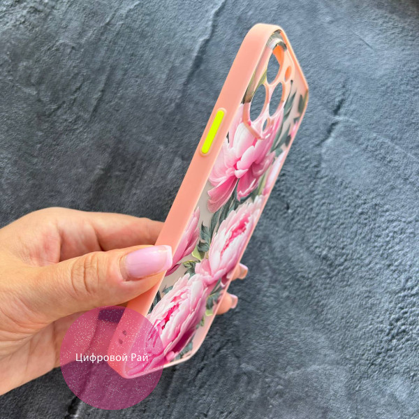 Чохол для IPhone 13 Pro Max півонії крупні з рожевим бортиком