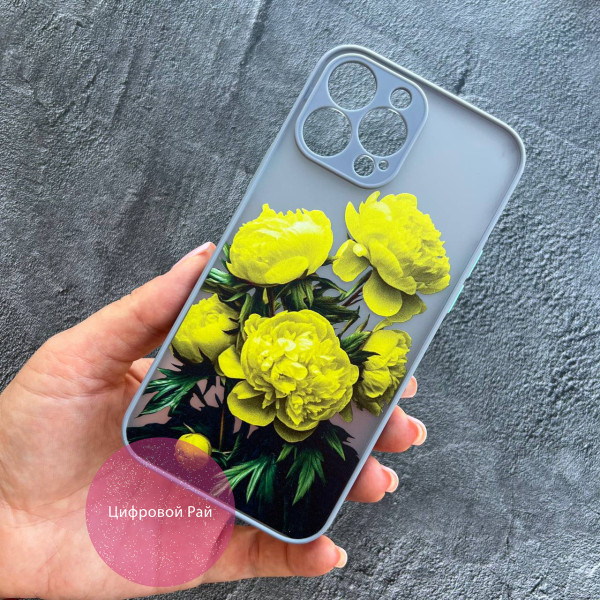 Чохол для IPhone 13 Pro Max жовті півонії з сіро-лавандовим бортиком
