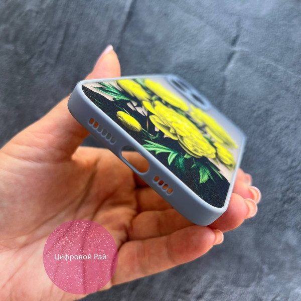 Чехол для IPhone 13 Pro Max желтые пионы с серо-лавандовым бортиком