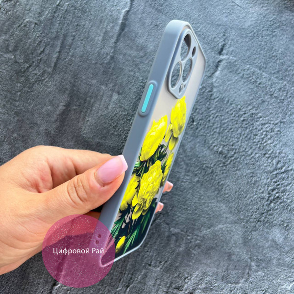 Чохол для IPhone 13 Pro Max жовті півонії з сіро-лавандовим бортиком