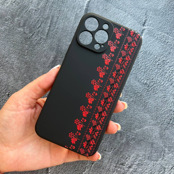 Чохол для IPhone 13 Pro Max софт-тач чохол чорний з вишиванкою Харківщина з лаковим покриттям