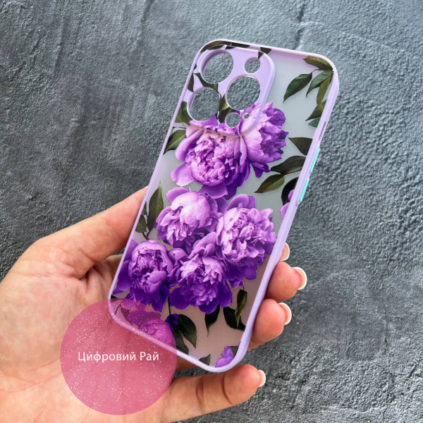Чохол для IPhone 14 Pro лавандові півонії з лавандовим бортиком