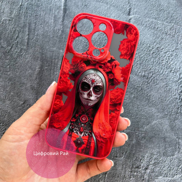 Чохол для IPhone 14 Pro Санта-Муерте червона з червоним бортиком з лаковим покриттям