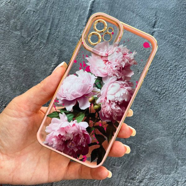 Чохол для iPhone 11 півонії силіконовий з золотою обводкою