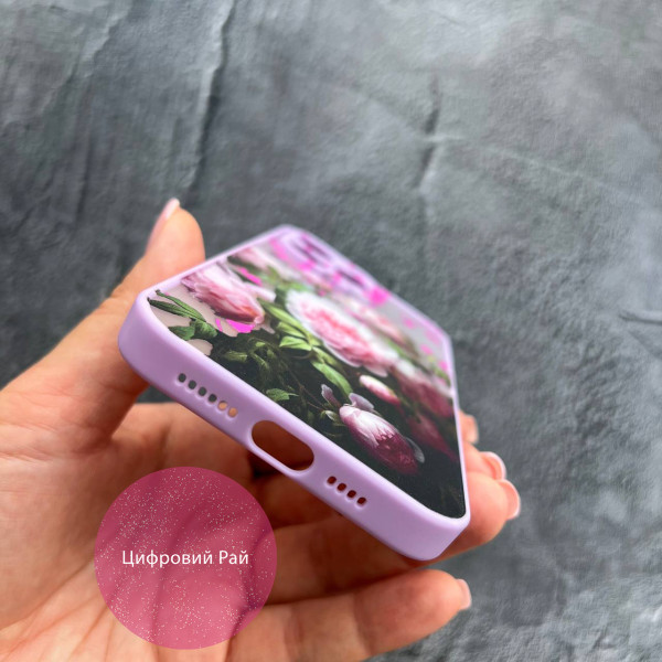 Чохол для iPhone 15 Pro Max півонії з краплями з лавандовим бортиком з лаковим покритям