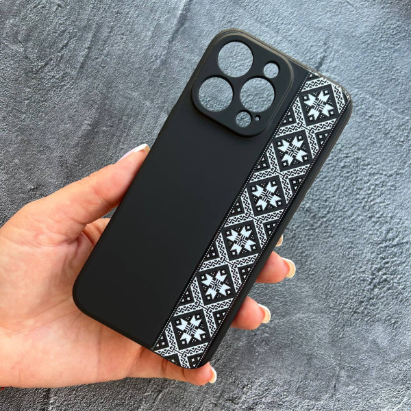 Чохол для iPhone 15 Pro Max софт-тач чохол чорний з вишиванкою Київщина з лаковим покриттям