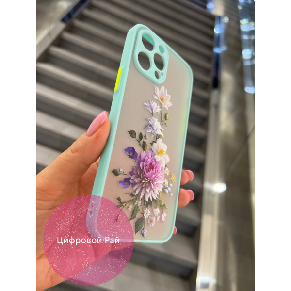 Чохол для IPhone 12 Pro Max осінні квіти з бірюзовим бортиком