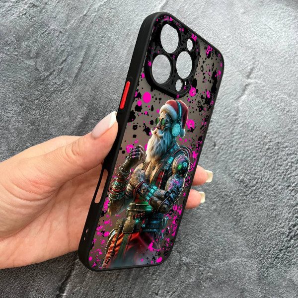 Чехол для iPhone 16 Pro с защитой камеры новогодний Санта Киберпанк