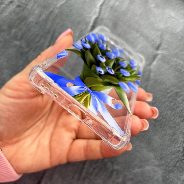 Чехол для Realme 12 pro 5G с защитой камеры с цветами букет синих тюльпанов противоударный прозрачный силиконовый чехол
