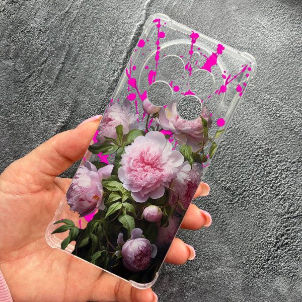 Чехол для Realme 12 pro 5G с защитой камеры с цветами розовые пионы противоударный прозрачный силиконовый чехол