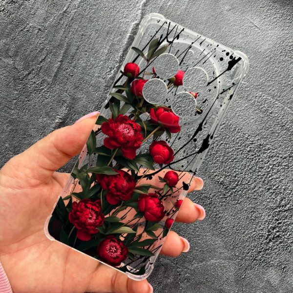 Чехол для Realme 12 pro 5G с защитой камеры с цветами красные пионы маленькие противоударный прозрачный силиконовый чехол