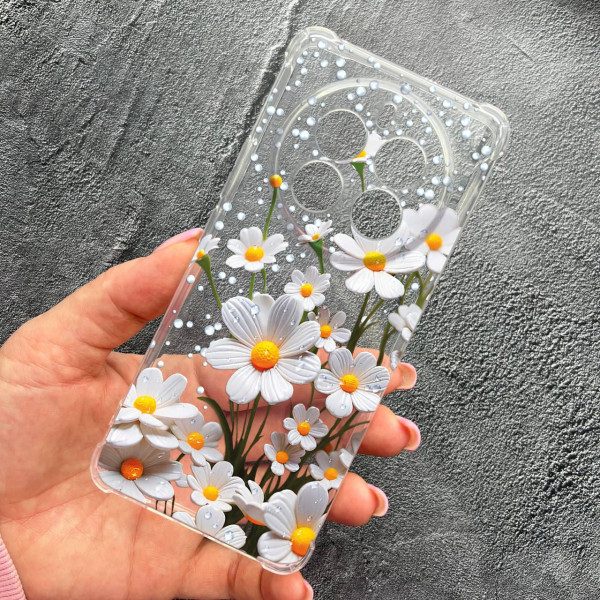 Чехол для Realme 12 pro 5G с защитой камеры с цветами ромашки белые противоударный прозрачный силиконовый чехол