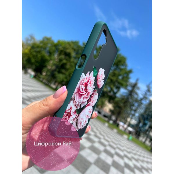 Чехол для Realme 6 с цветами пионы розовые с зеленым бортиком