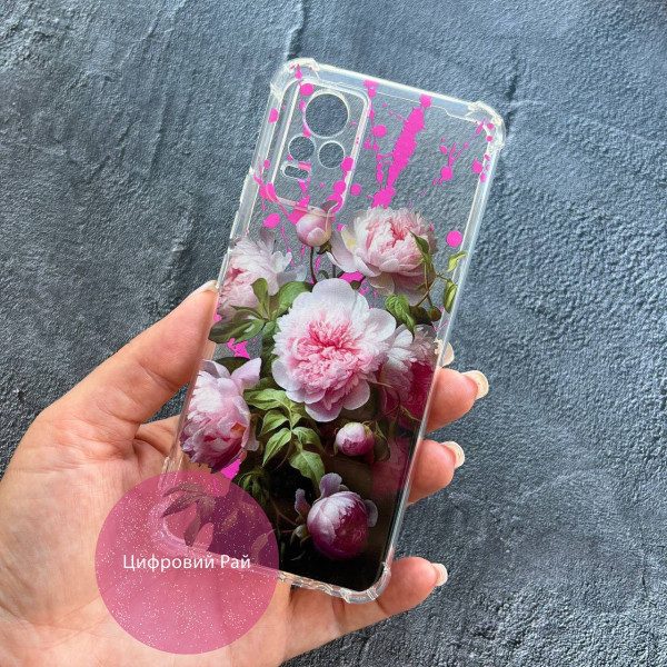 Прозорий силіконовий чохол з посиленими кутами рожеві півонії/Vivo V21e 4G