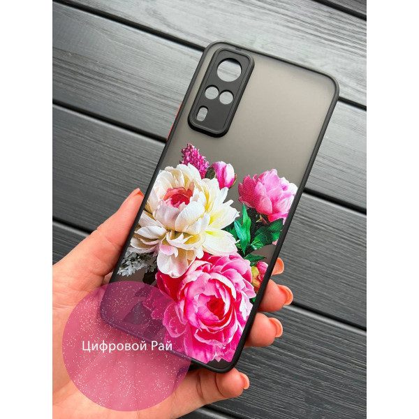 Чехол с пионами черный бортик / Vivo Y31 / Y33 / Y51 / Y51A / Y53S