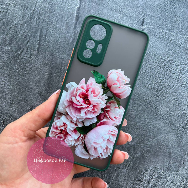 Чохол для Xiaomi 12 Lite квіти півонії рожеві з зеленим бортиком