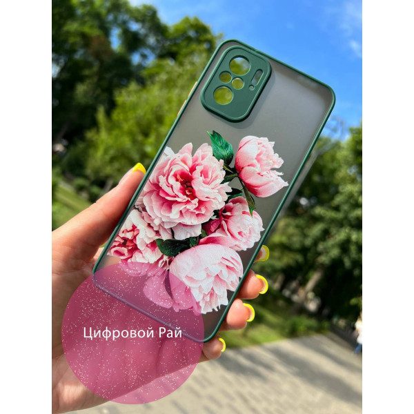 Чохол для Xiaomi Redmi Note 10 4G / Note 10s / Xiaomi Poco M5s з квітами півонії рожеві з зеленим бортиком