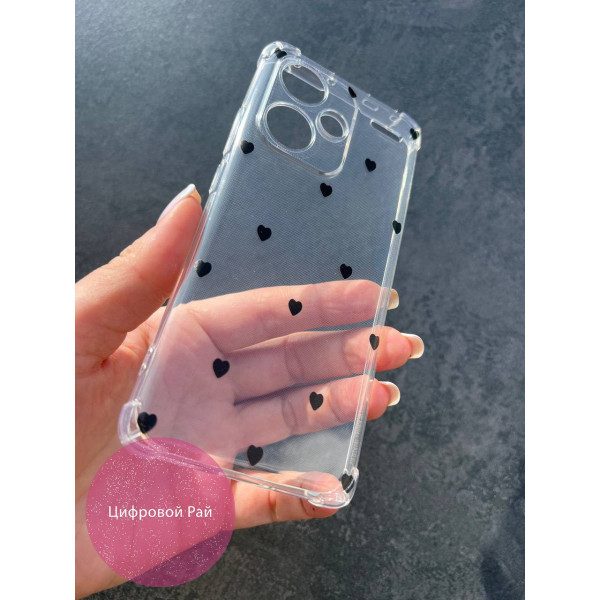 Чехол для Xiaomi Redmi Note 13 Pro Plus черные сердечки противоударный прозрачный силиконовый чехол