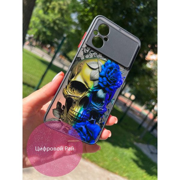 Чехол для Xiaomi Poco M4 череп желто-голубой черный бортик
