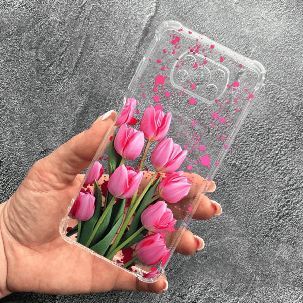 Чохол для Xiaomi Poco X3 NFC / Poco X3 Pro з захистом камери з квітами рожеві тюльпани протиударний прозорий силіконовий чохол