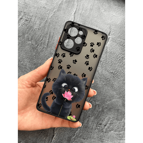 Чехол для Xiaomi Poco X5 Pro 5G детский с защитой камеры с котом и цветком