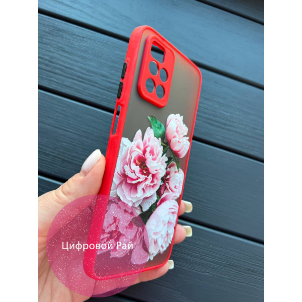 Чохол для Xiaomi Redmi 10 з квітами півонії рожеві червоний бортик