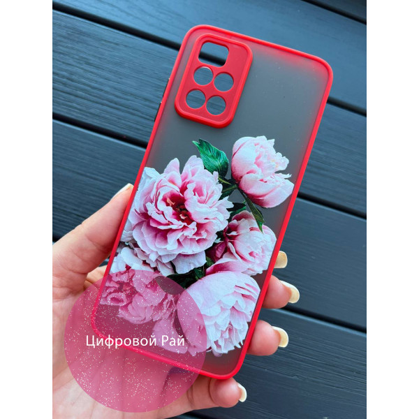 Чохол для Xiaomi Redmi 10 з квітами півонії рожеві червоний бортик