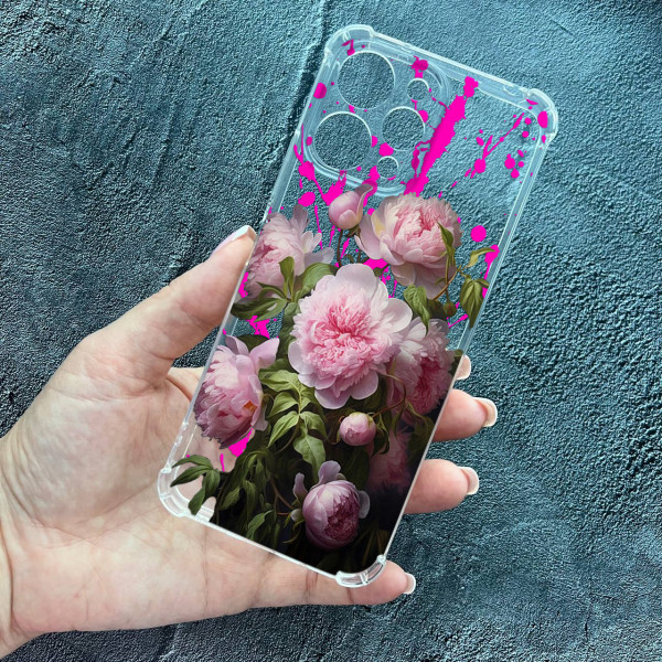 Чохол для Xiaomi Redmi 12 рожеві півонії протиударний прозорий силіконовий чохол