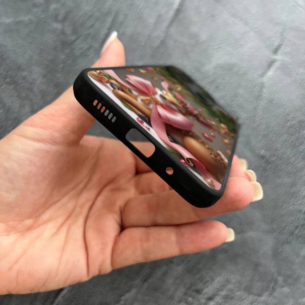 Чехол для Xiaomi Redmi 12C с защитой камеры новогодняя девушка с плюшевым медведем и елкой