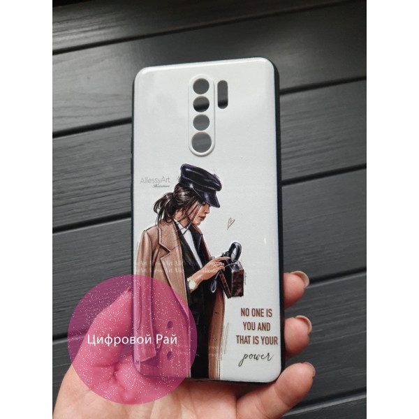 Чехол для Xiaomi Redmi 9 силиконовый чехол с девушкой в ​​черной кепке с сумочкой