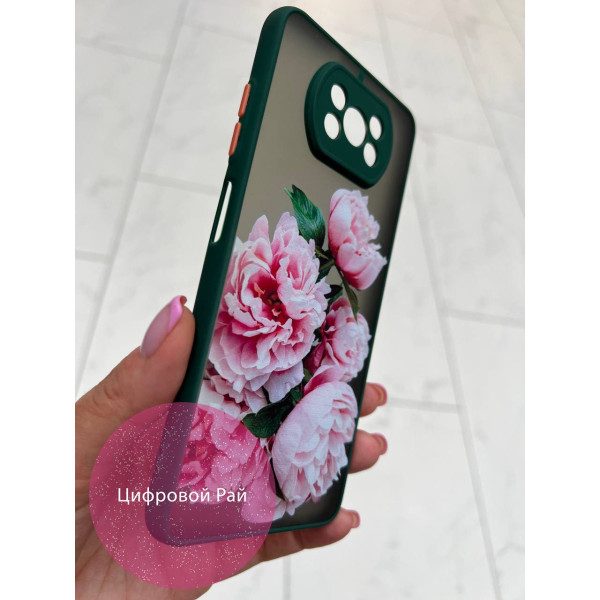 Чехол для Xiaomi Poco X3 NFC / Poco X3 Pro пионы темно-зеленый бортик