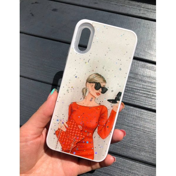 Чехол для Xiaomi Redmi 9A Акриловый чехол с блестками девушка в красном платье