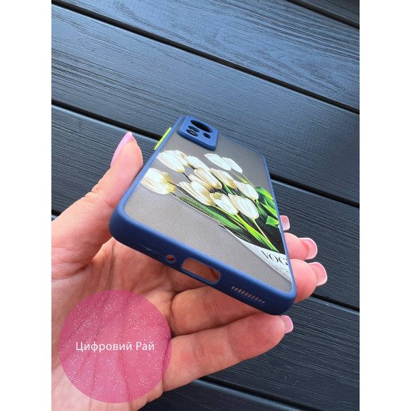 Чехол для Xiaomi 12 / 12x / 12s белые тюльпаны с синим бортиком