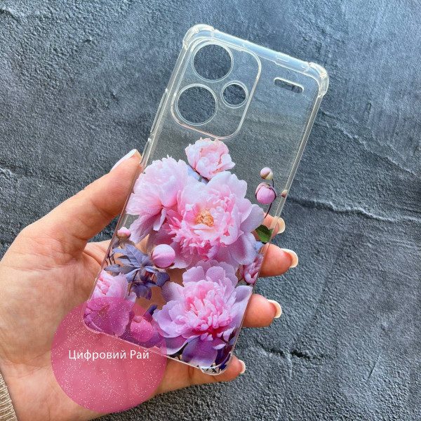 Чехол для Xiaomi Redmi Note 13 Pro Plus пионы розовые противоударный прозрачный силиконовый чехол
